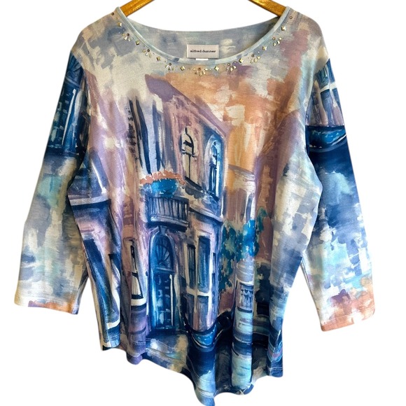 Alfred Dunner Watercolor Print Embellished Top Women's Large Asymmetrical NWT - Picture 1 of 16
